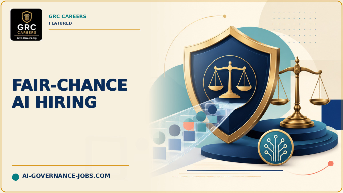 Fair-chance hiring records pass through an AI oversight shield and balanced scales.