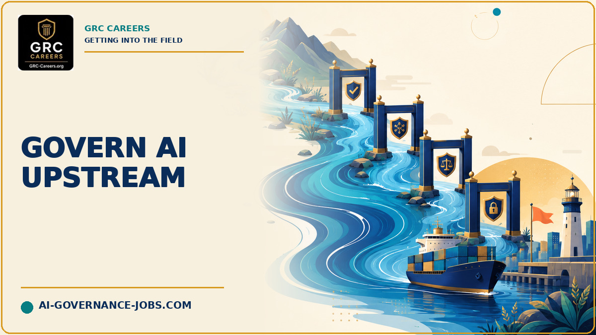 A river carries AI systems through governance gates before reaching a shipping port.