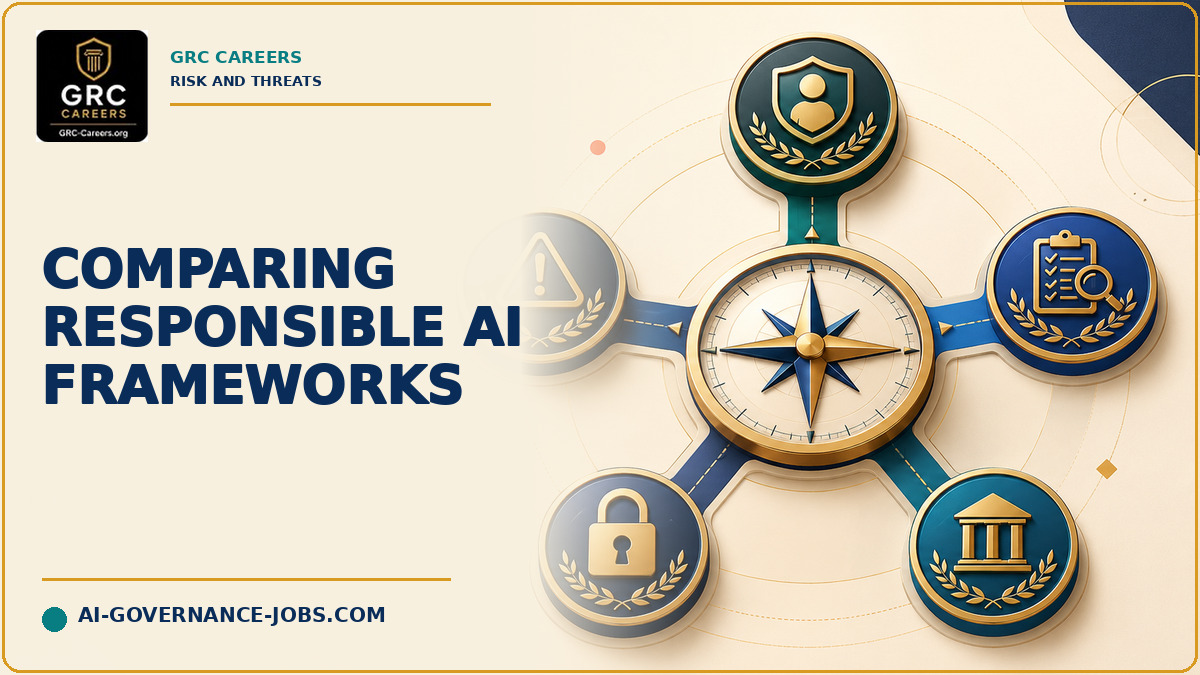 A compass compares responsible AI frameworks across risk, assurance, privacy, and legal criteria.