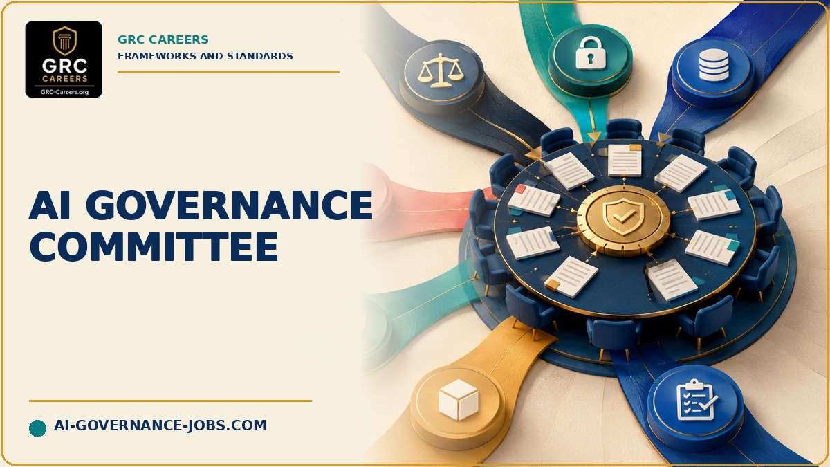 Cross-functional governance pathways converge on a central decision table and approval seal.