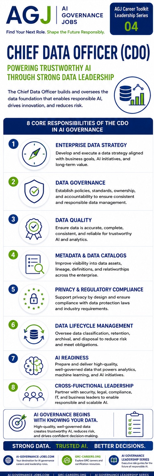Chief Data Officer (CDO) career guide: powering trustworthy AI through strong data leadership, with the 8 core responsibilities of the CDO in AI governance